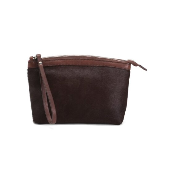 CAVALCANTI Brown Made In Italy Leather Zip Closure Dome Pouch - Picture 1 of 2